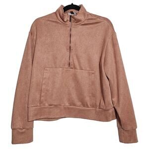 Tahari Womens Size M Mauve Faux Suede Half Zip Pullover Sweater Kangaroo Pocket
